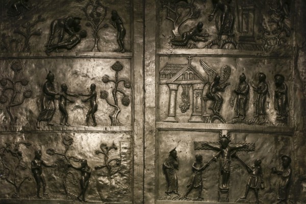 Bernward Door or Bernward Door, Hildesheim Cathedral or High Cathedral Church of St. Mary's Ascension in pre-Romanesque style, Cathedral of the Roman Catholic Diocese of Hildesheim, UNESCO World Heritage Site, Hildesheim, Lower Saxony, Germany