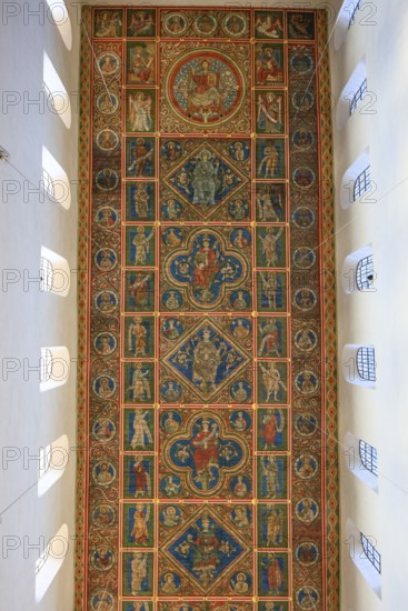 Painted wooden ceiling from the 13th century in the central nave of the nave depicting the Jesse tree, St. Michael's Church or St. Michaelis, Ottonian church in pre-Romanesque or early Romanesque style, UNESCO World Heritage Site, Hildesheim, Lower Saxony, Germany