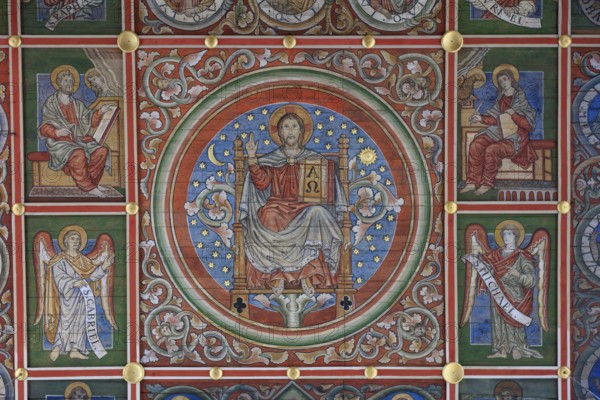 Painted wooden ceiling from the 13th century in the central nave of the nave depicting the Yesse tree, Christ as World Judge, St. Michael's Church or St. Michaelis, Ottonian church in pre-Romanesque or early Romanesque style, UNESCO World Heritage Site, Hildesheim, Lower Saxony, Germany