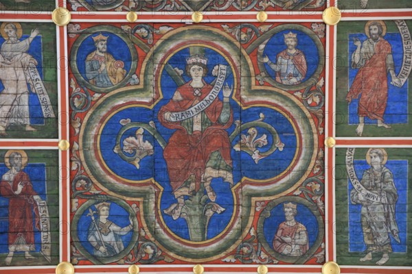 Painted wooden ceiling from the 13th century in the central nave of the nave depicting the Jesse tree, St. Michael's Church or St. Michaelis, Ottonian church in pre-Romanesque or early Romanesque style, UNESCO World Heritage Site, Hildesheim, Lower Saxony, Germany