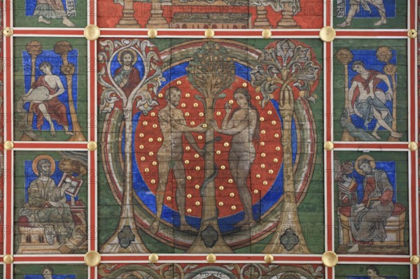 Painted wooden ceiling from the 13th century in the central nave of the nave depicting the Yesse tree, Adam and Eve, the fall of sin in paradise, St. Michael's Church or St. Michaelis, Ottonian church in pre-Romanesque or early Romanesque style, UNESCO World Heritage Site, Hildesheim, Lower Saxony, Germany