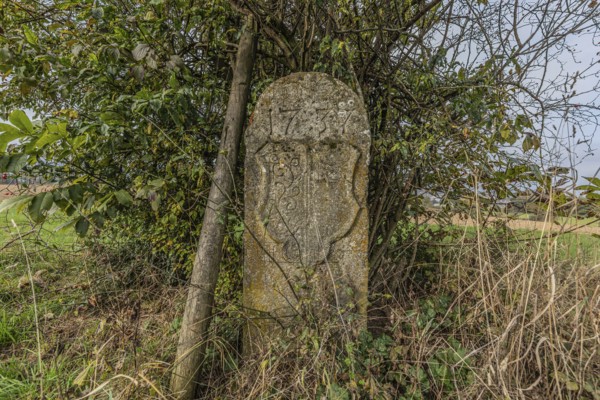Border stone from 1737 on the cantonal border between Aargau and Lucerne, formerly the canton of Bern. Menziken, Aargau, Switzerland