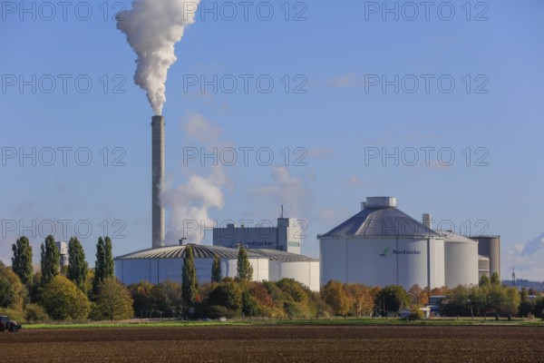 Nordzucker AG sugar factory, smoking chimney during the autumn harvest of sugar beets in the surrounding fields, Nordstemmen, Hildesheim district, Lower Saxony, Germany