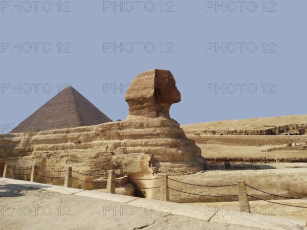 A close-up of the Great Sphinx, the symbol of the mythological deity of Ancient Egypt. The majestic Pyramid of Heops with its necropolis of the ancient pharaohs can be seen in the background. These landmarks, discovered during archaeological excavations on the Giza Plateau in the Sahara Desert, are among the Wonders of the World. Every year, tourists and travelers from around the world come here to experience the history of the ancient civilization of North Africa. Cairo, Egypt