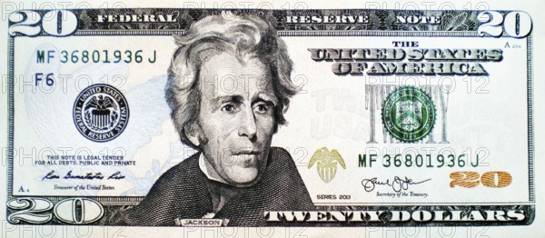 The $20 paper banknote is issued by the US Federal Reserve. It features Andrew Jackson (1829-1837), the president of the United States of America, and the silhouette of an eagle, a symbol of U.S. global power, in the background