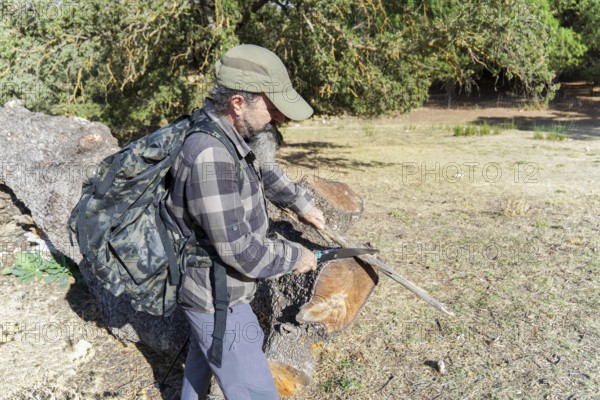 Bearded man wearing a backpack sawing wood for a campfire, preparing for survival camping in a natural outdoor environment