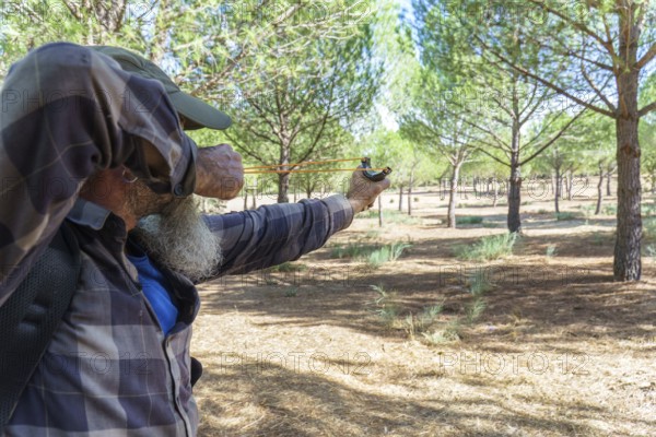 Man with beard and plaid shirt aiming a slingshot, focusing intently on a target in a pine forest setting