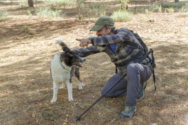 Man interacting with his dog, instructing it in a forest environment. Concept of pet training and outdoor adventure