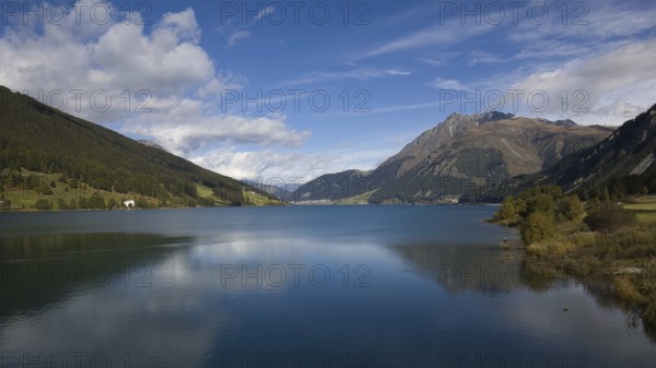 Landscape on Lake Reschen in the Vinschgau Valley in Italy