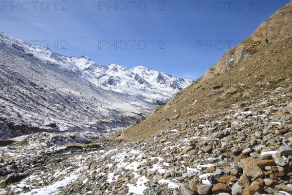 A barren landscape with lots of debris characterizes the high-alpine landscape in South Tyrol, Italy