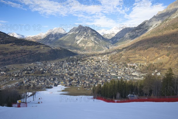 The final slope of the Stelvio ski slope leads down to the town of Bormio in Lombardy in Italy