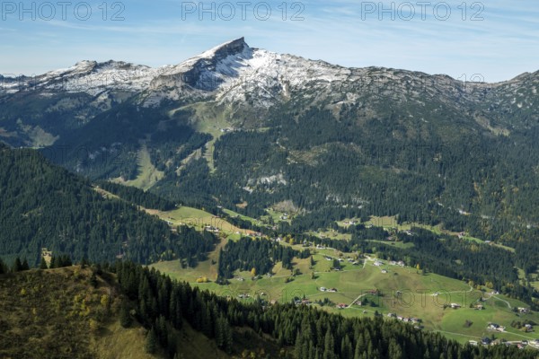 View of Hirschegg and the Kleinwalsertal valley, in the back of Hoher Ifen, Allgäu Alps, Vorarlberg, Austria