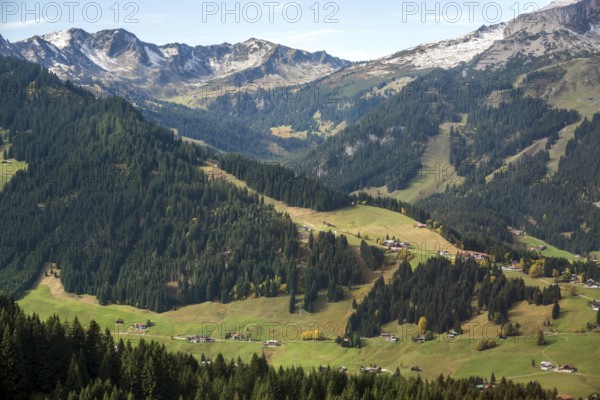 View of Kleinwalsertal and Schwarzwassertal, back mountains of the Allgäu Alps, Vorarlberg, Austria