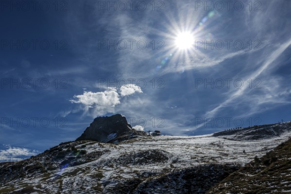 Right pulpit wall, back left mountains of the Allgäu Alps, back light, cloud formations, Vorarlberg, Austria