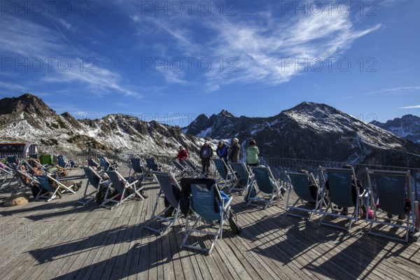 Sun terrace at Kanzelwand summit station, Kleiwalsertal, Allgäu Alps, Allgäu, Vorarlberg, Austria