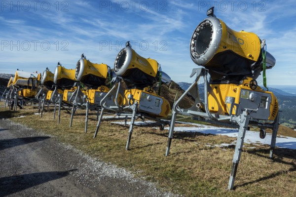 Snow cannons, snow-making systems at Kanzelwand summit station, Kleinwalsertal, Allgäu Alps, Allgäu, Vorarlberg, Austria