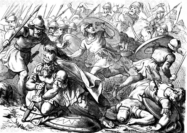 Saul took the sword and fell in it, First Book of Samuel, chapter 31, battle, warrior, voluntary death, rider, swords, lances, shields, weapon bearers, suicide, philistines, men of Israel, king, Old Testament, Bible, historical illustration 1877