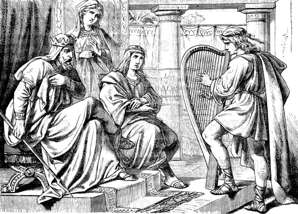 Saul tried to skewer David on the wall, First Book of Samuel, chapter 19, harp, king, spear, murder, escape, throne room, pillars, Old Testament, Bible, historical illustration 1877