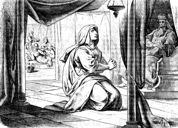 Anna prays at the Shrine at Silo, Priest Eli, First Book of Samuel, Chapter 1, Sorrows, Tears, Kneeling, Interior, Oil Lamp, Curtain, Old Testament, Bible, Historical Illustration 1877