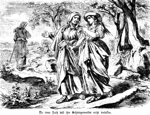 Faithful Ruth goes to Bethlehem with her mother-in-law, book of Ruth, chapter 1, Naemi, Moabite, God, people, abandoned, death, Old Testament, Bible, historical illustration 1877