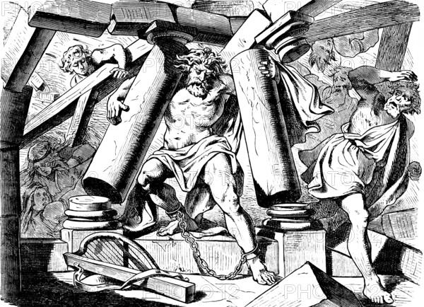 Samson breaks the pillars and dies with the princes and the people, God, wrath, shackles, chain, destruction, revenge, fear, terror, escape, book of judges, chapter 16, Old Testament, Bible, historical illustration 1877