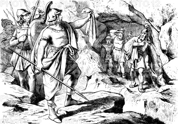 Father, see the tip of your skirt in my hand, Saul leaving the cave, First Book of Samuel, chapter 24, enemies, armed warriors, David, clothing, God, mountains, Old Testament, Bible, historical illustration 1877
