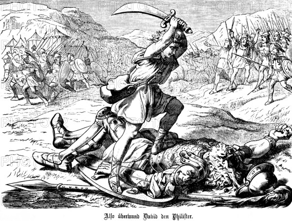 David kills the Philistine with his sword, First Book of Ruth, chapter 17, killing, beheading, war, warriors, armies, weapons, shields, battle, slingshot, stones, armor, Old Testament, Bible, historical illustration 1877