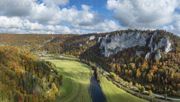 Aerial view, panorama of the Upper Danube Valley, surrounded by autumn vegetation, Sigmaringen district, Baden-Württemberg, Germany