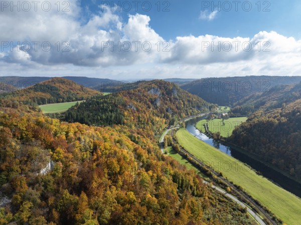 Aerial view of Upper Danube Valley surrounded by autumn vegetation, Sigmaringen district, Baden-Württemberg, Germany