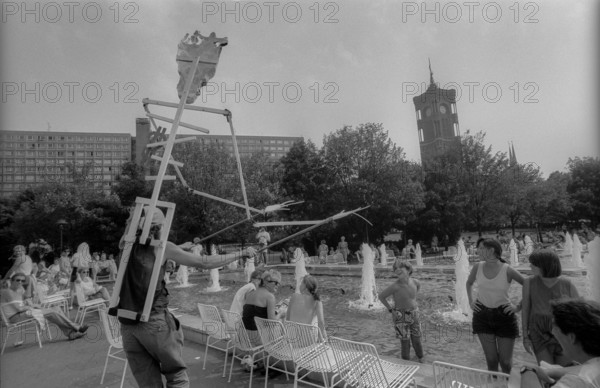 Germany, Berlin, 1.8.1992, Wise Fool Puppet Intervention, street theatre from San Francisco, under the motto: There be money, skeleton at the fountain, Alexanderplatz