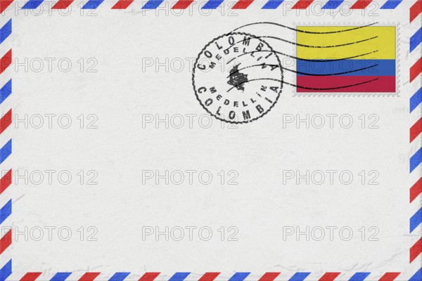 Colombia Medellin Vintage Air Mail Envelope with Flag and Postmark