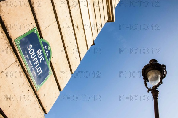 Street sign indicating Sufflot Street (Rue Soufflot). Paris, France. 30.01.2009