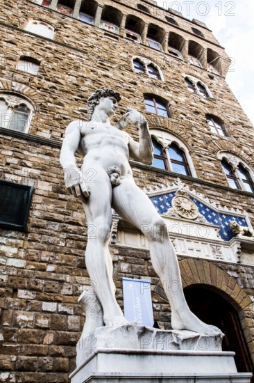 Reproduction of Michelangelo's statue David at the entrance of Palazzo Vecchio, in Piazza della Signoria. Florence, Province of Florence, Italy. 18.12.2012
