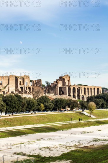 Circus Maximus (Circo Massimo), an ancient Roman chariot racing stadium and mass entertainment venue, and Domus Augustana in the background. Rome, Province of Rome, Italy