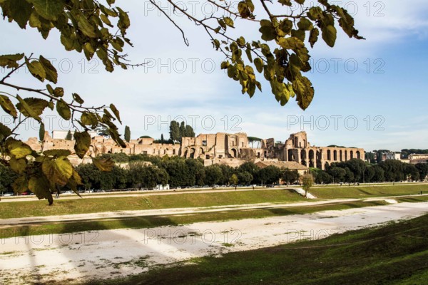 Circus Maximus (Circo Massimo), an ancient Roman chariot racing stadium and mass entertainment venue, and Domus Augustana in the background. Rome, Province of Rome, Italy. 23.12.2012