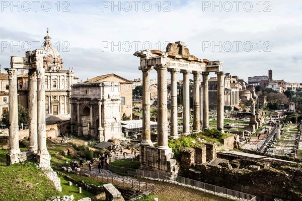 View of the Roman Forum with the Arch of Septimius Severus (Arco di Settimio Severo). Rome, Province of Rome, Italy. 23.12.2012