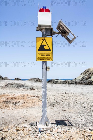 Tsunami warning system at Los Verdes Beach (Playa los Verdes). Iquique, Tarapaca Region, Chile. 19.11.15