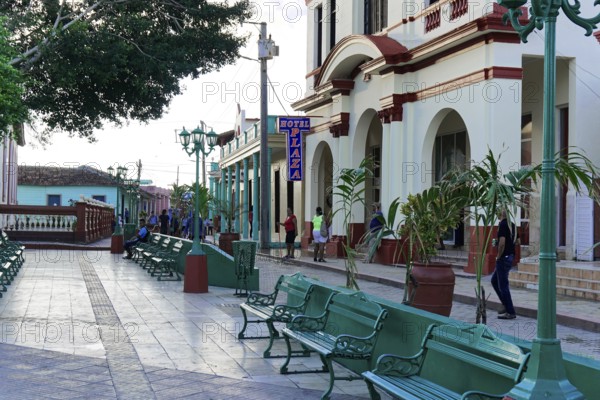 Baracoa, Cuba, Central America, well-kept square with benches and colonial buildings in the background, Greater Antilles, Caribbean, America, Central America
