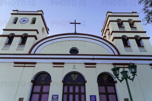 Baracoa, Cuba, Central America, A church with two towers and a cross under a blue sky, Greater Antilles, Caribbean, America, Central America
