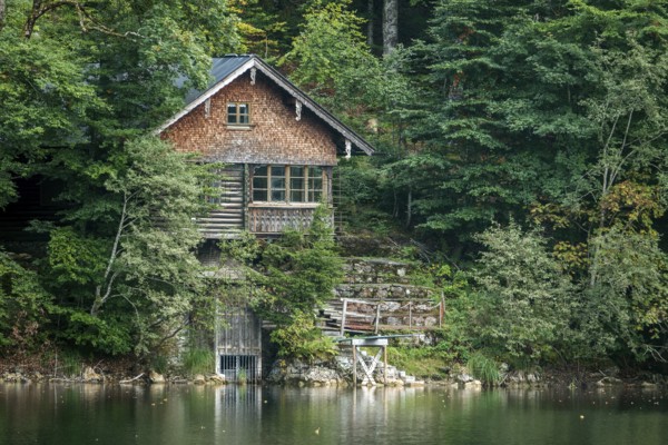 Wooden cabin am Freibergsee, Oberstdorf, Oberallgäu, Allgäu, Bavaria, Germany