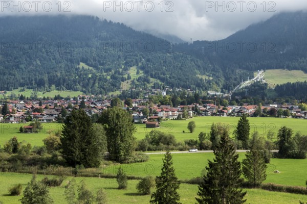 View of Oberstdorf, back right ski jumping hills of the Orlen Arena, Oberallgäu, Allgäu, Bavaria, Germany