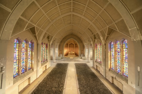 Church, chapel, glass, stained glass, mosaic, bright, altar, empty, deserted, deserted, symmetry, vanishing point, centered, France