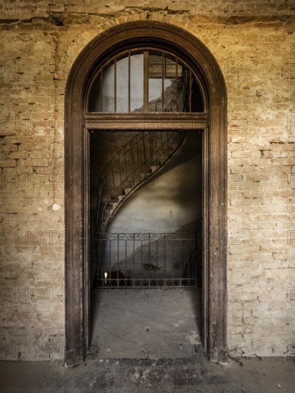 Staircase, spiral staircase, castle, door frame, archway, cover, illustration, entrance, mystical, upward, downward, dilapidated, brick, railing, shades of brown, old, historical, ghosts, Hungary