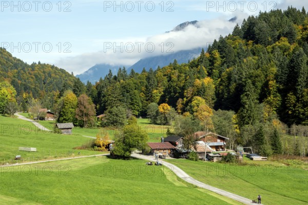 Weiden und Bauernhäuser, near Schwand, Stillachtal, Oberstdorf, Oberallgäu, Allgäu, Bavaria, Germany