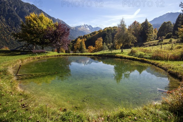 Forellenteich am Gasthof Laiter, Stillachtal, Oberstdorf, Oberallgäu, Allgäu, Bavaria, Germany