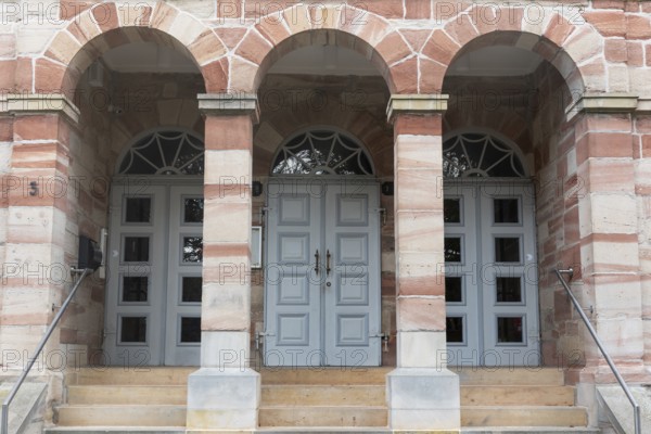 Entrance, former Pestalozzi School, Classicist school building, Schulberg, Eschwege, small town, Hesse, Germany