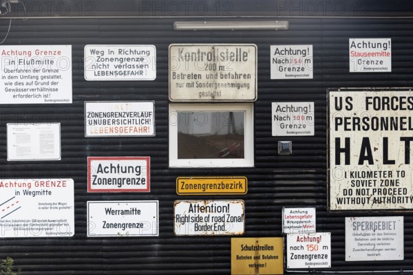 Historical signs on the former zone border, Schifflersgrund border museum, memorial, GDR barriers, border fence, inner German border, Bad Sooden-Allendorf, Hesse, Germany