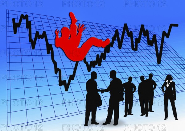 Symbol photo, manager in front of price chart, risks, crash or upswing, finance economy, stock market, banks, money flows, currency devaluation, euro policy, inflation, stagnation, profits, capital market, currency, ECB, euro, euro upswing, euro downturn, parity, dollar, reserve currency, bitcoin, interest, debt, European Community, Germany