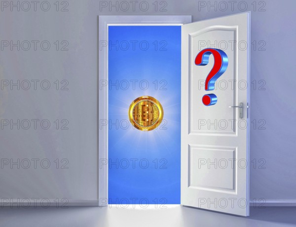 Symbolic image, Bitcoin with question mark, stock prices, uncertain digital currency, resources, energy, industry, critical economy, stock market hype, stock market crash, payment, insolvency, wrong decisions, maximum profit, profit slump, share prices, location Germany, global economy, globalization, environmental protection, extreme power demand, mafia, Trump government, Bitcoin rally, cryptocurrency, electronic wallet wallet, crypto reserve, price development, exchange trading