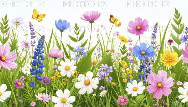 Vibrant wildflowers and grass create a colorful and joyful floral pattern, Variety of wild flowers, spring plant and grass seamless pattern, vibrant realistic vector illustration wallpaper, a spring natural colorful background as template or poster, AI generated
